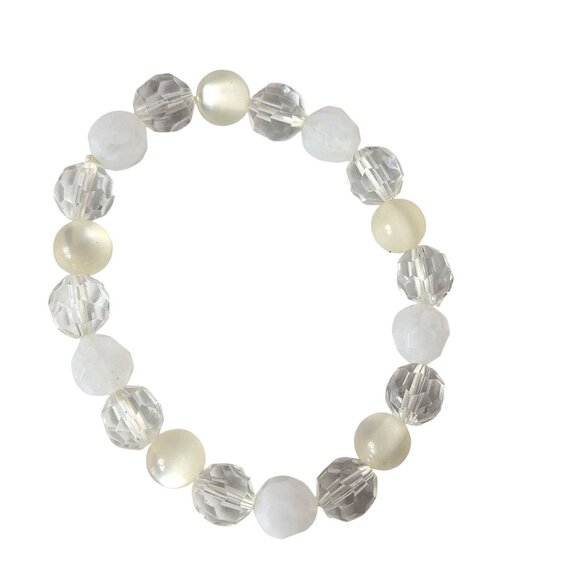 Elegant Beaded Stretch Bracelet Faceted Crystal Pearl Matte White Jewelry - Picture 2 of 4